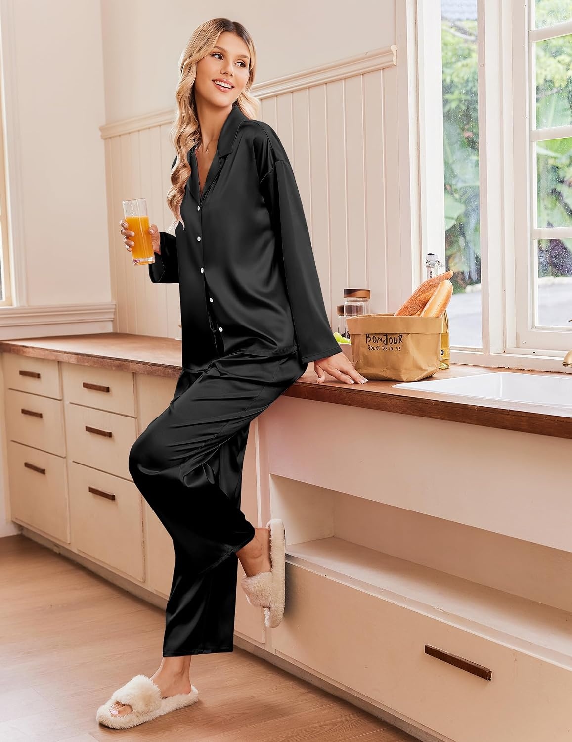 image:imageEkouaer Womens Satin Silk Pajamas Long Sleeve Button Up Pjs Lounge SetsBlack