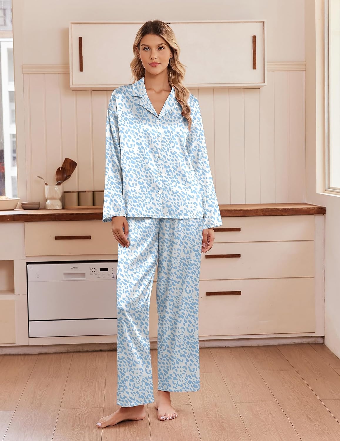 image:imageEkouaer Womens Satin Silk Pajamas Long Sleeve Button Up Pjs Lounge SetsBlue Leopard