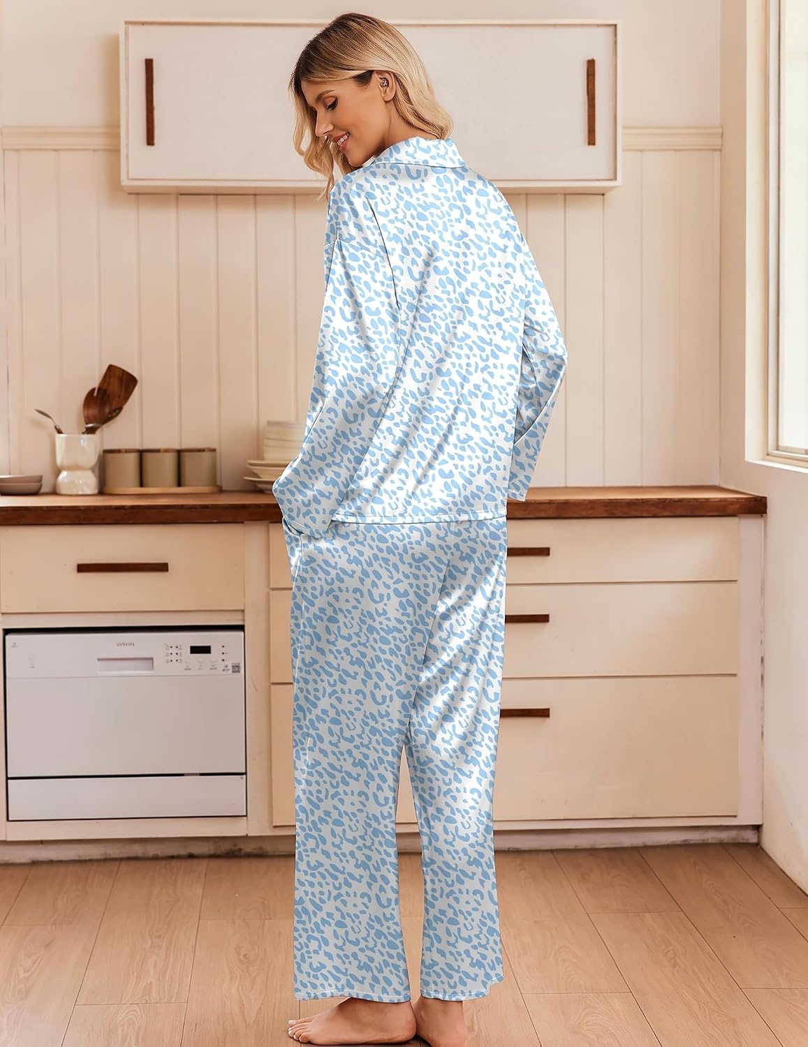 image:imageEkouaer Womens Satin Silk Pajamas Long Sleeve Button Up Pjs Lounge SetsBlue Leopard