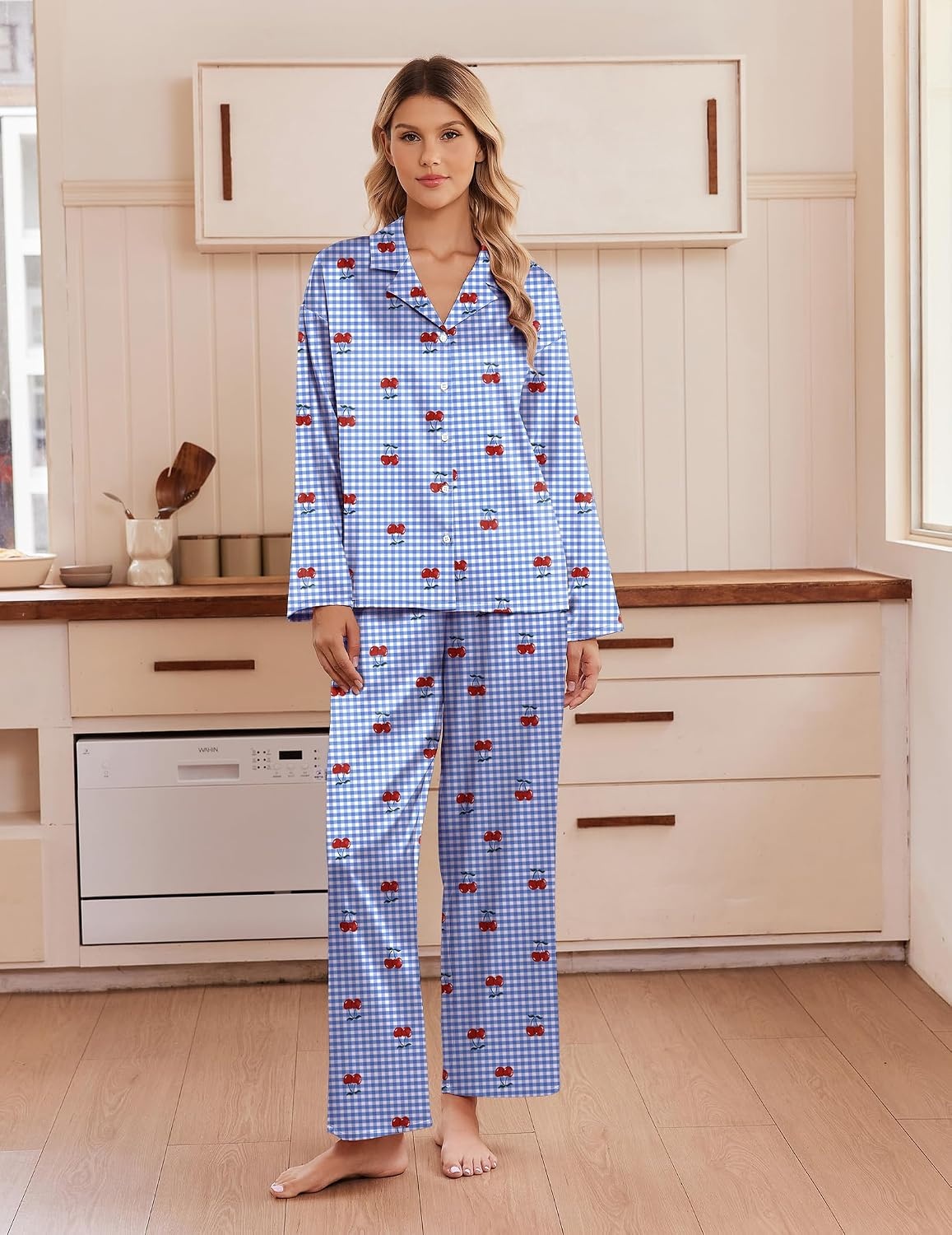 image:imageEkouaer Womens Satin Silk Pajamas Long Sleeve Button Up Pjs Lounge SetsBlue Plaid Cherry
