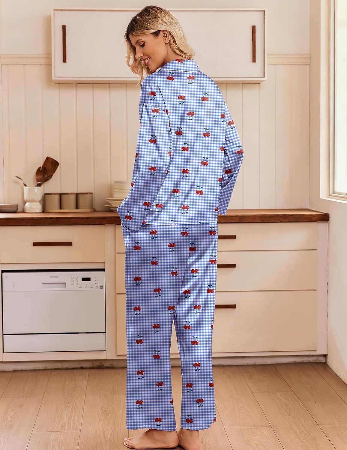 image:imageEkouaer Womens Satin Silk Pajamas Long Sleeve Button Up Pjs Lounge SetsBlue Plaid Cherry