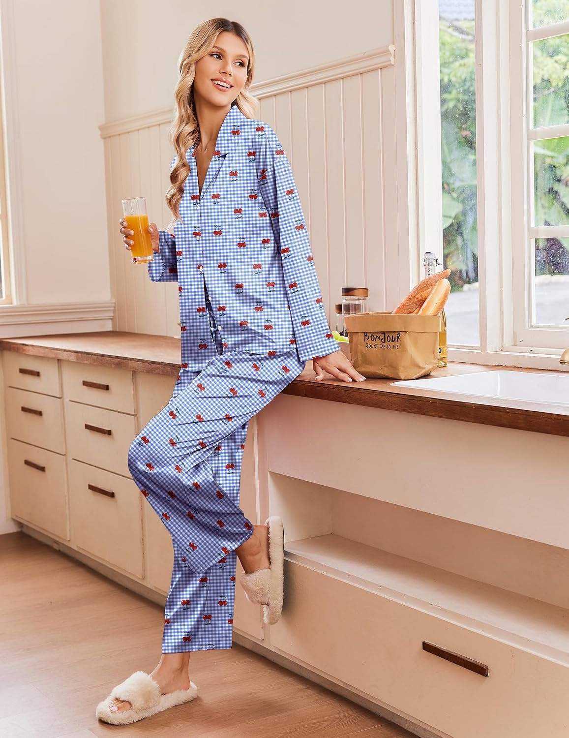 image:imageEkouaer Womens Satin Silk Pajamas Long Sleeve Button Up Pjs Lounge SetsBlue Plaid Cherry