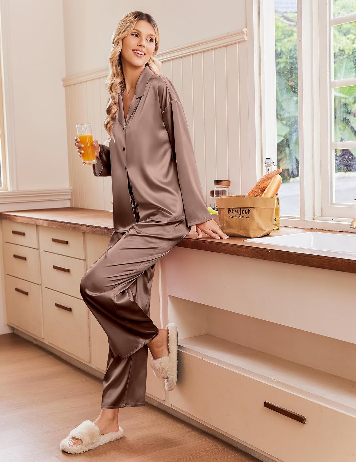 image:imageEkouaer Womens Satin Silk Pajamas Long Sleeve Button Up Pjs Lounge SetsBrown