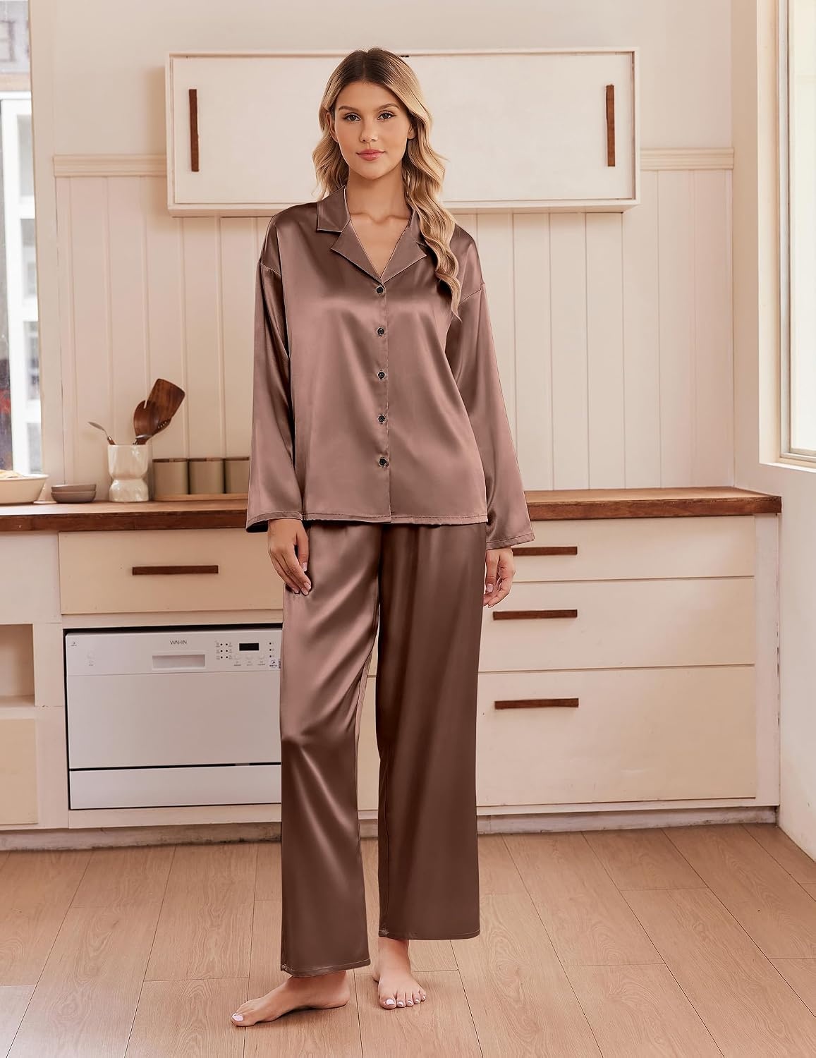 image:imageEkouaer Womens Satin Silk Pajamas Long Sleeve Button Up Pjs Lounge SetsBrown