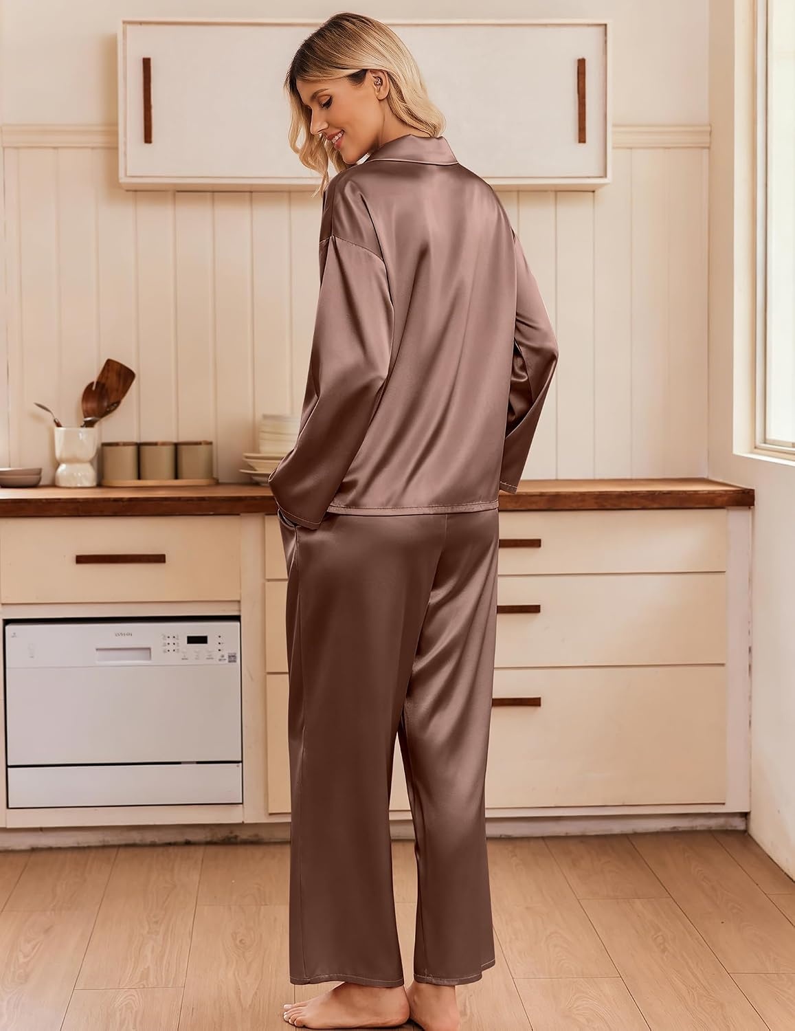 image:imageEkouaer Womens Satin Silk Pajamas Long Sleeve Button Up Pjs Lounge SetsBrown