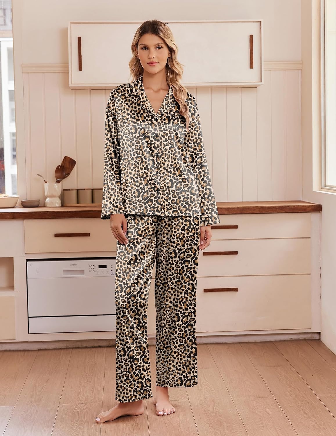 image:imageEkouaer Womens Satin Silk Pajamas Long Sleeve Button Up Pjs Lounge SetsBrown Leopard