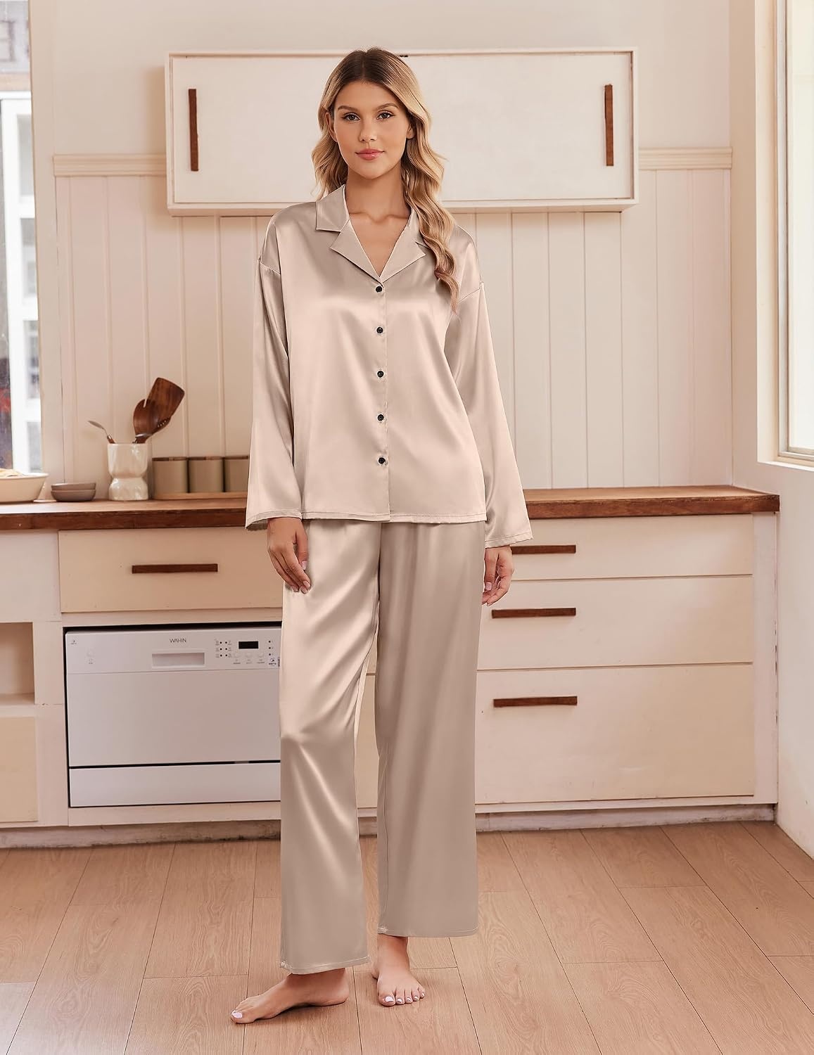 image:imageEkouaer Womens Satin Silk Pajamas Long Sleeve Button Up Pjs Lounge SetsChampagne