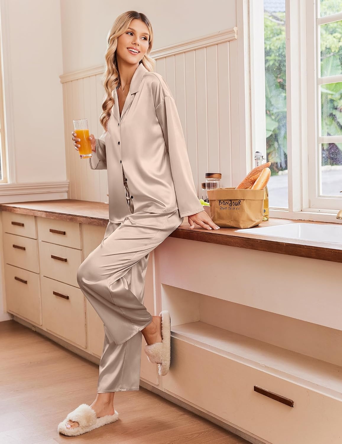 image:imageEkouaer Womens Satin Silk Pajamas Long Sleeve Button Up Pjs Lounge SetsChampagne