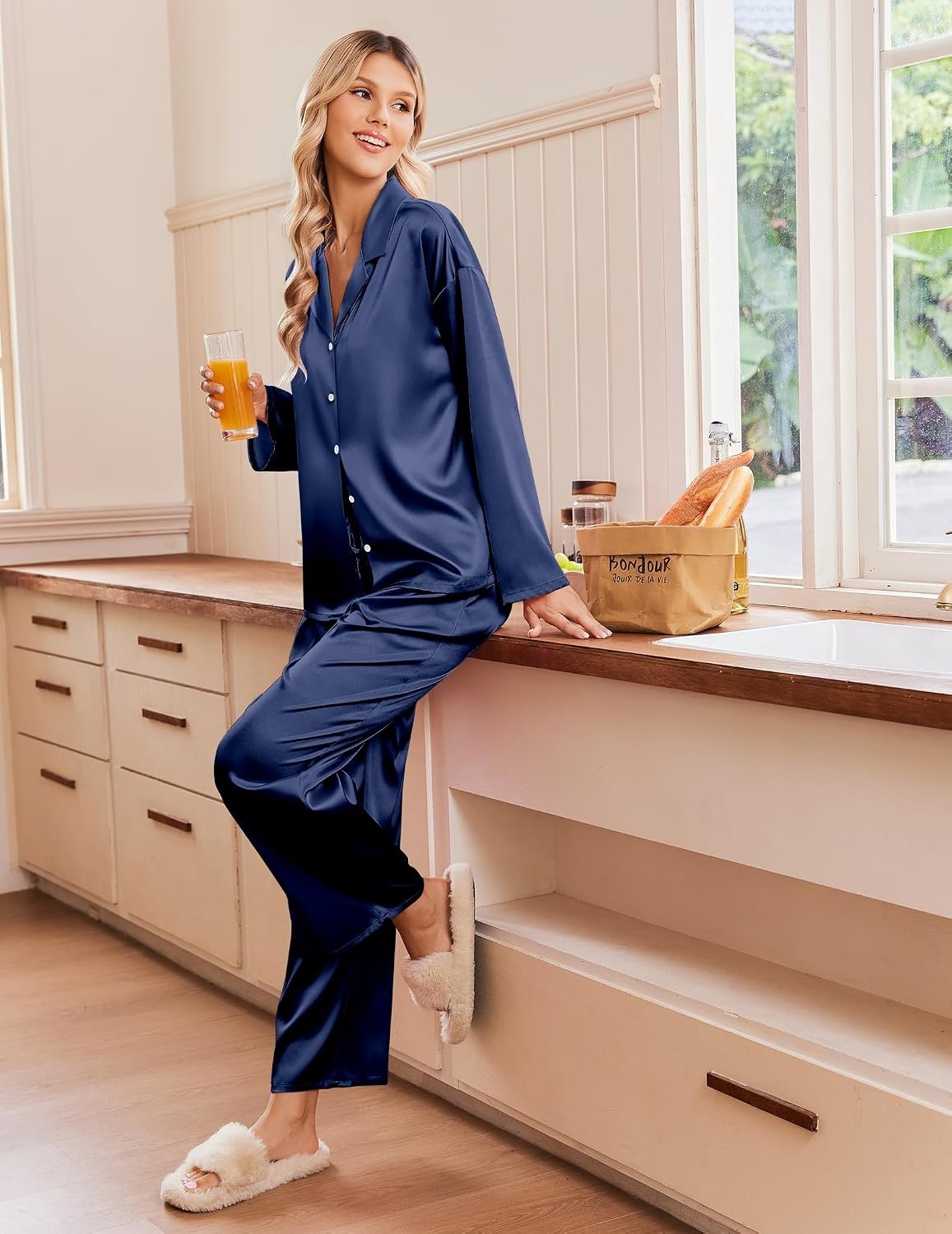 image:imageEkouaer Womens Satin Silk Pajamas Long Sleeve Button Up Pjs Lounge SetsNavy Blue