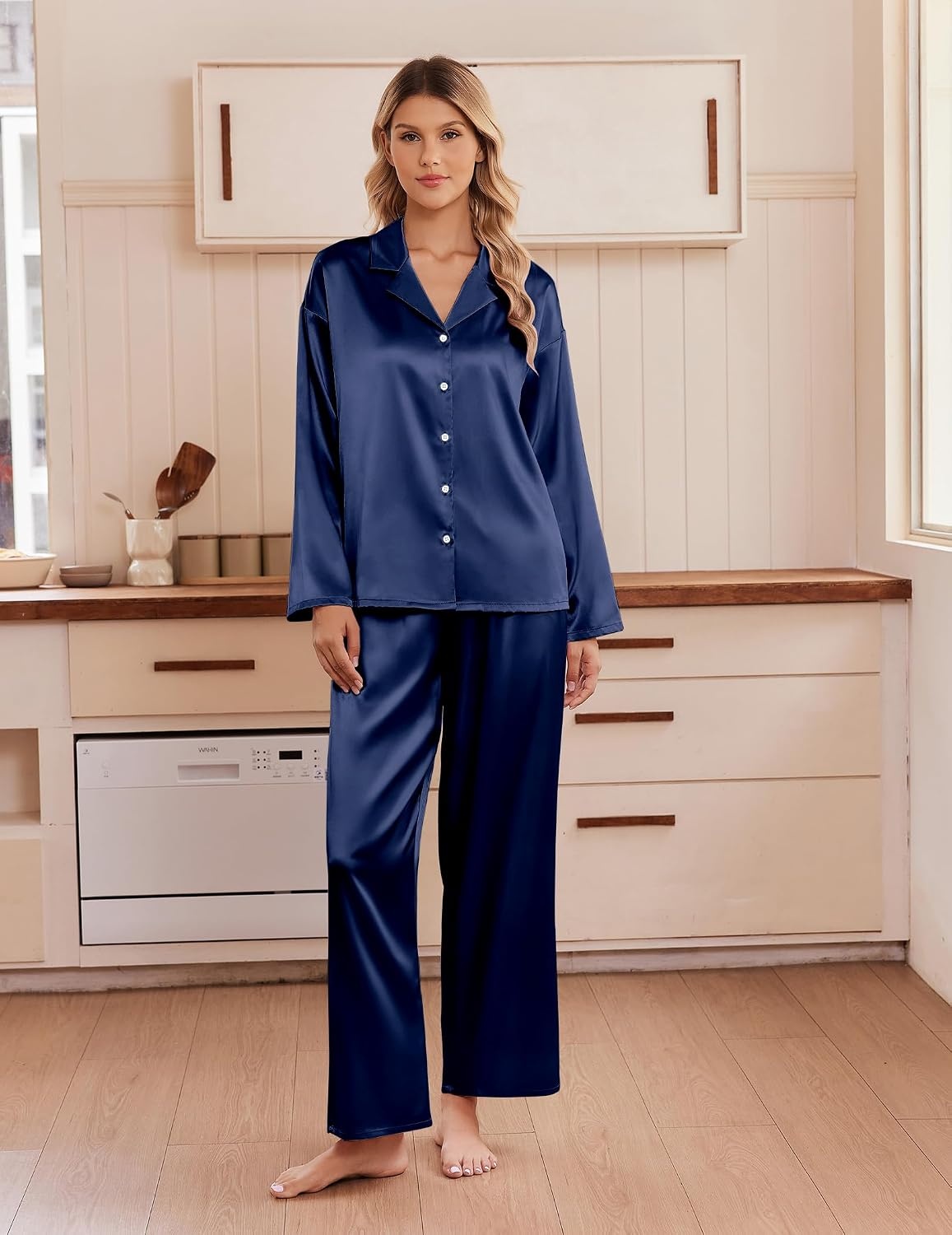 image:imageEkouaer Womens Satin Silk Pajamas Long Sleeve Button Up Pjs Lounge SetsNavy Blue