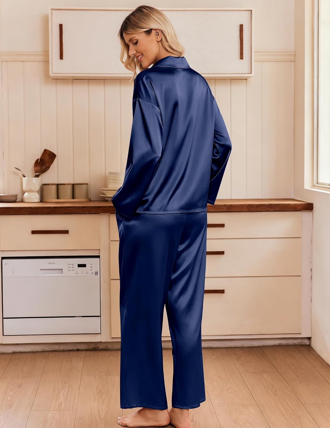 image:imageEkouaer Womens Satin Silk Pajamas Long Sleeve Button Up Pjs Lounge SetsNavy Blue
