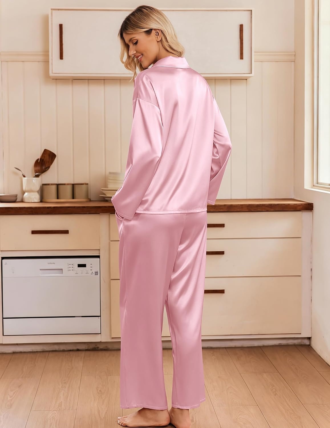 image:imageEkouaer Womens Satin Silk Pajamas Long Sleeve Button Up Pjs Lounge SetsPink