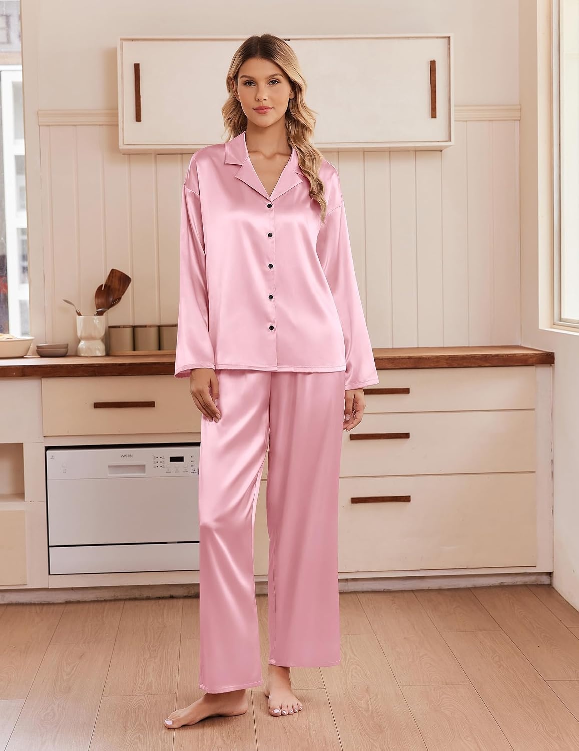 image:imageEkouaer Womens Satin Silk Pajamas Long Sleeve Button Up Pjs Lounge SetsPink