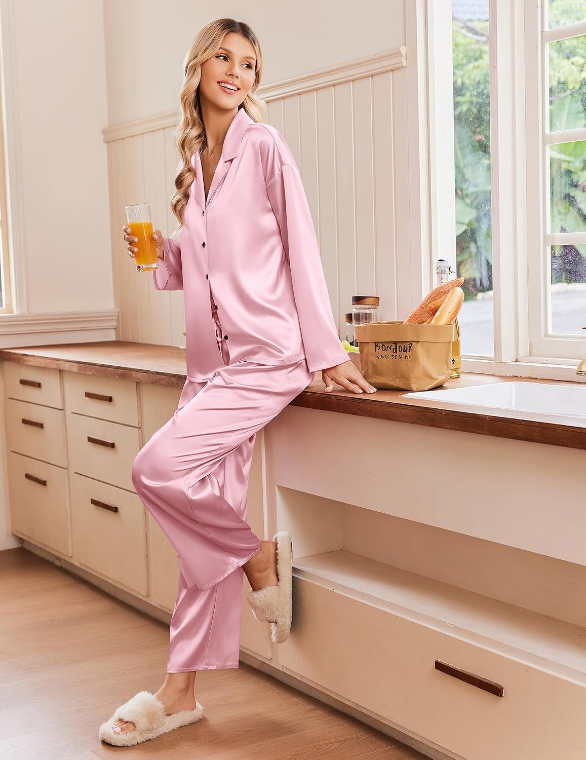 image:imageEkouaer Womens Satin Silk Pajamas Long Sleeve Button Up Pjs Lounge SetsPink