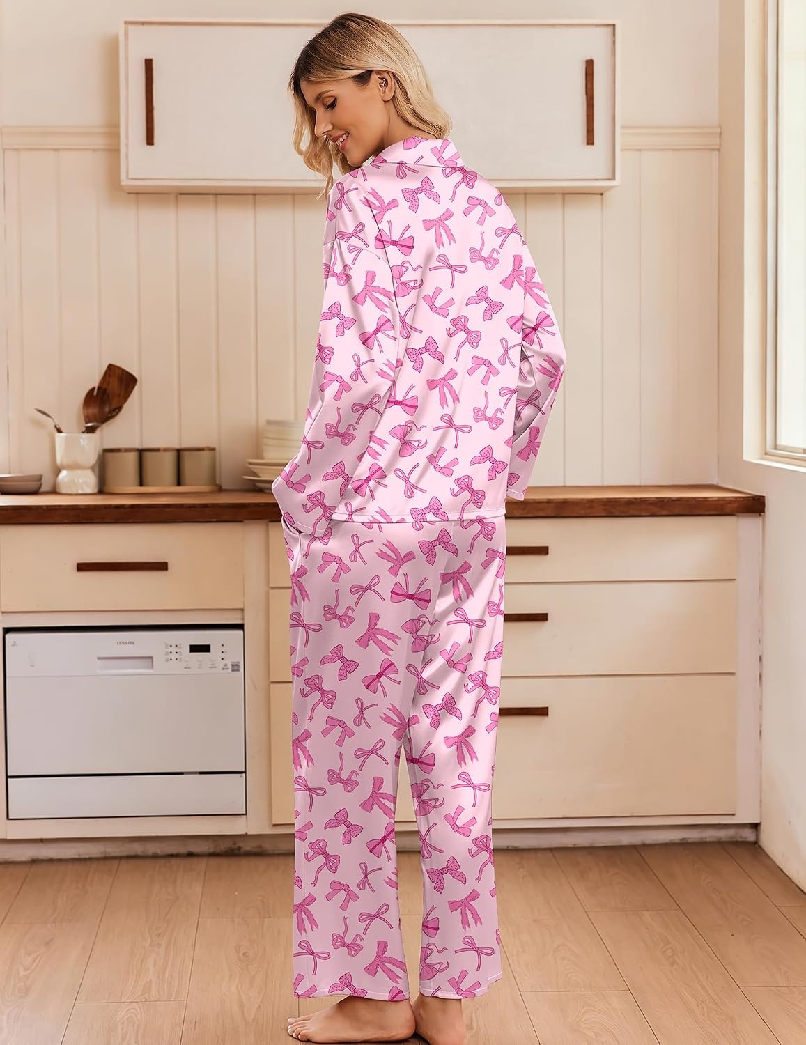 image:imageEkouaer Womens Satin Silk Pajamas Long Sleeve Button Up Pjs Lounge SetsPink Bow
