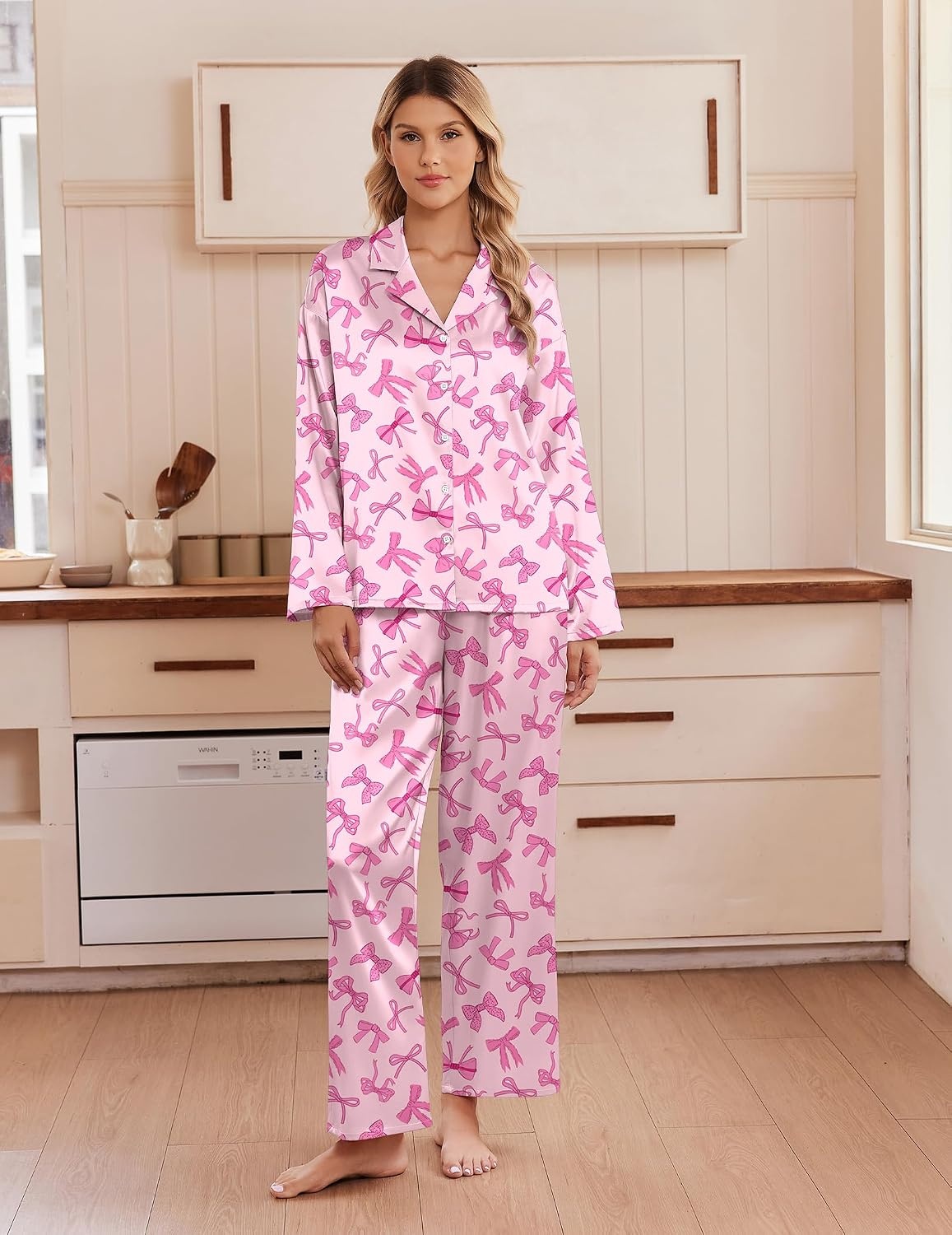 image:imageEkouaer Womens Satin Silk Pajamas Long Sleeve Button Up Pjs Lounge SetsPink Bow