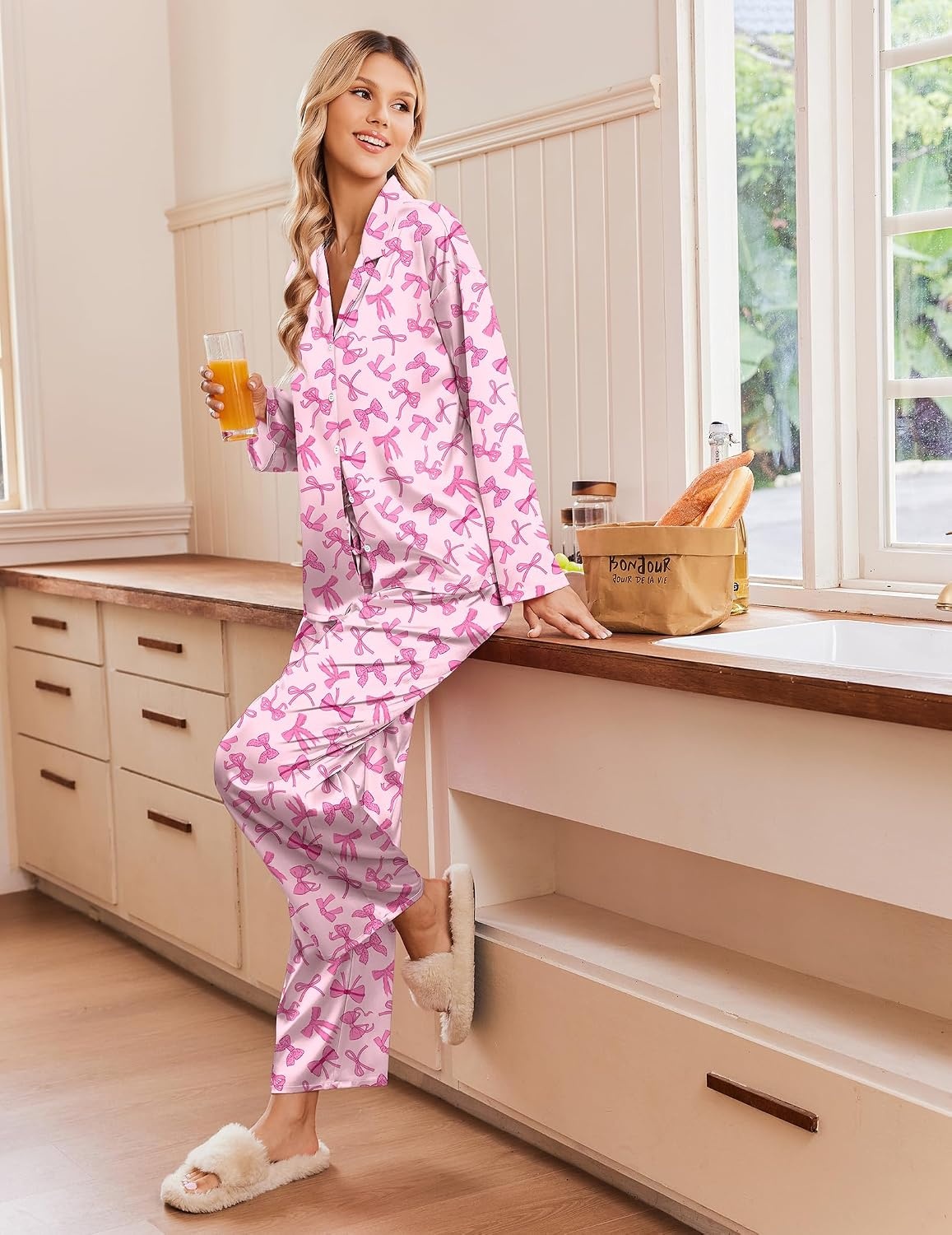 image:imageEkouaer Womens Satin Silk Pajamas Long Sleeve Button Up Pjs Lounge SetsPink Bow