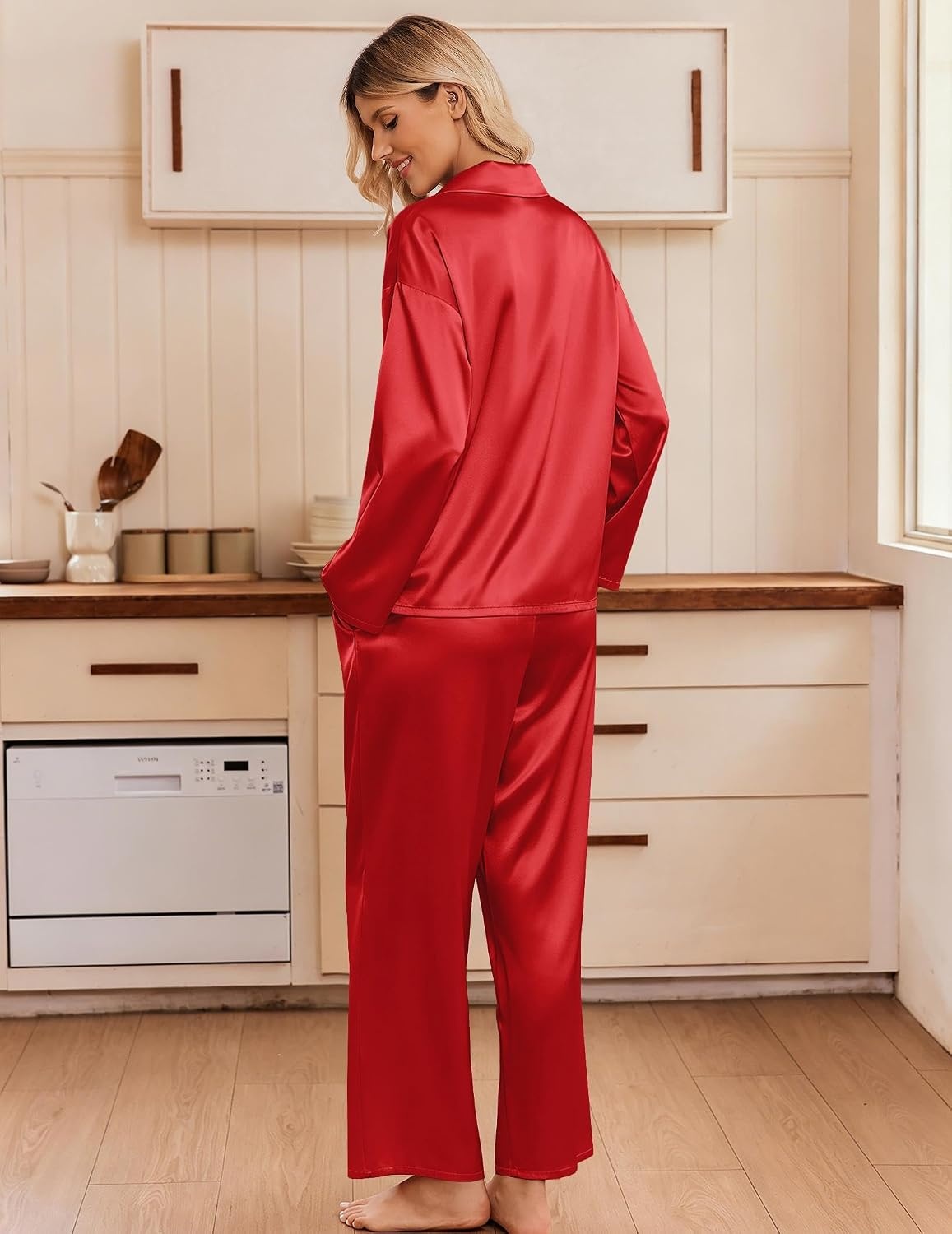 image:imageEkouaer Womens Satin Silk Pajamas Long Sleeve Button Up Pjs Lounge SetsRed