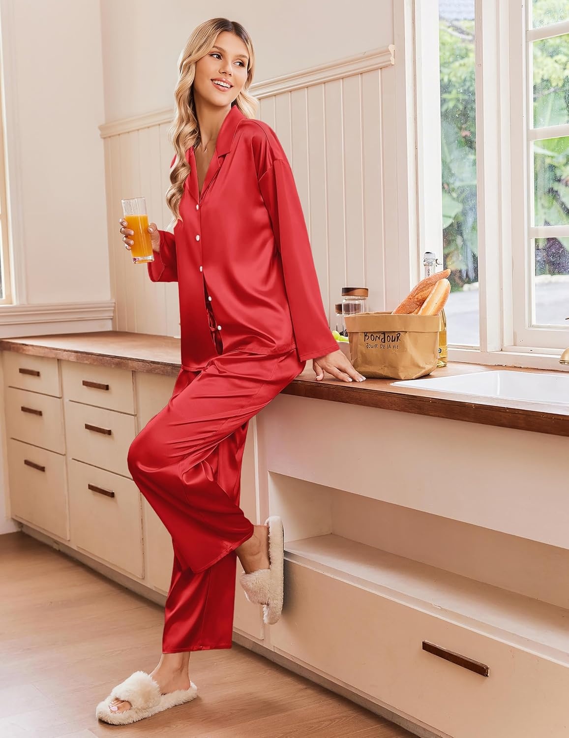 image:imageEkouaer Womens Satin Silk Pajamas Long Sleeve Button Up Pjs Lounge SetsRed