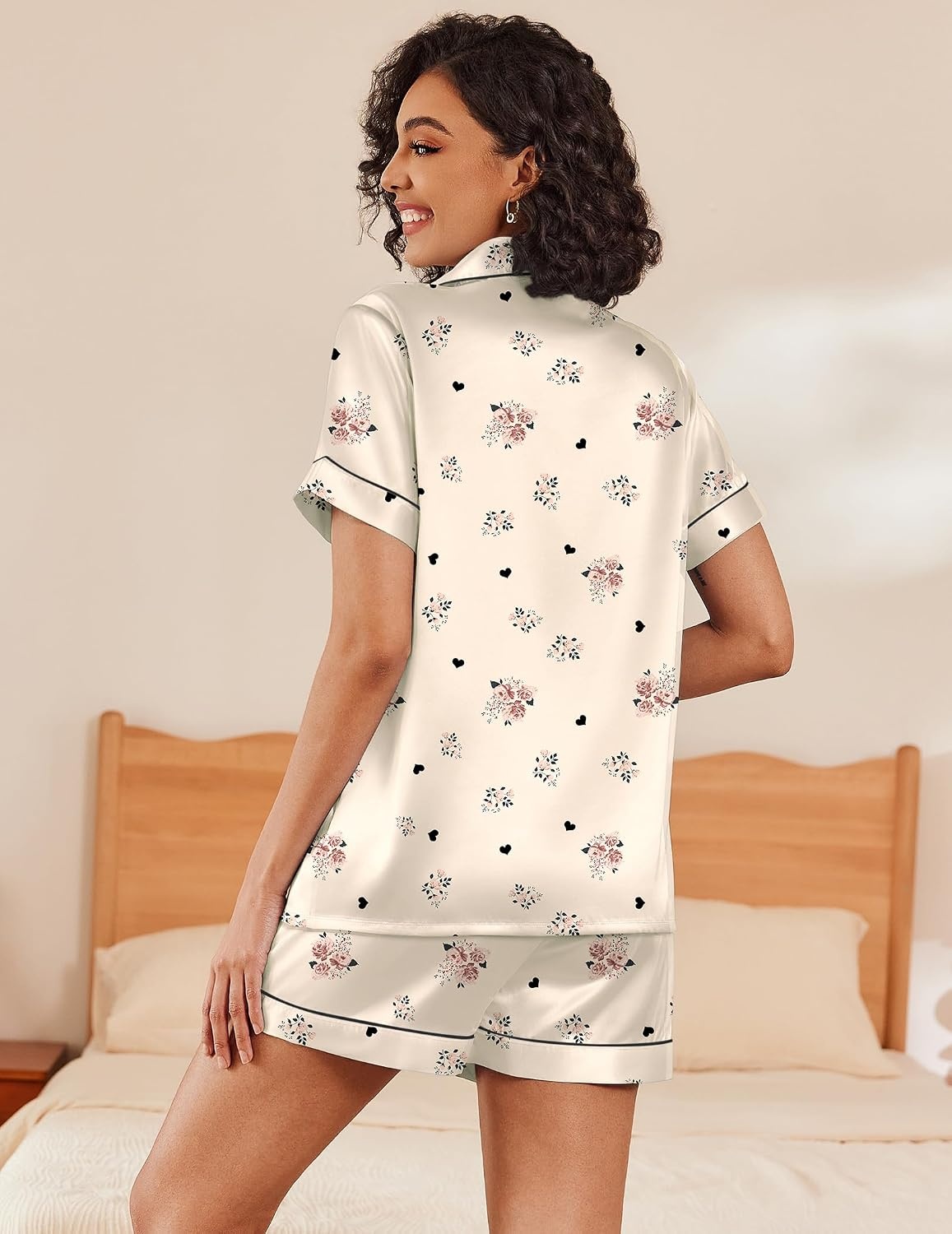 image:imageEkouaer Womens Silk Satin Pajama Set Short Sleeve Pjs Shorts Set SXXLChampagne Floral