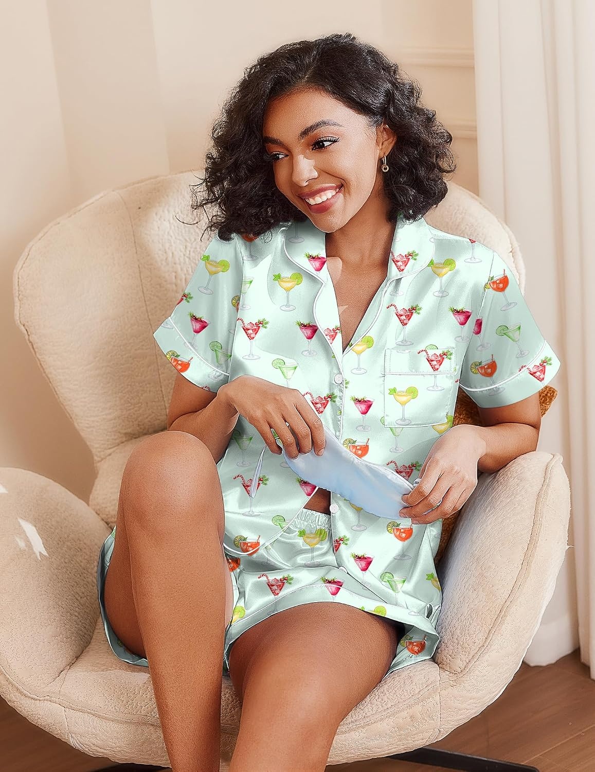 image:imageEkouaer Womens Silk Satin Pajama Set Short Sleeve Pjs Shorts Set SXXLLight Blue Wineglass