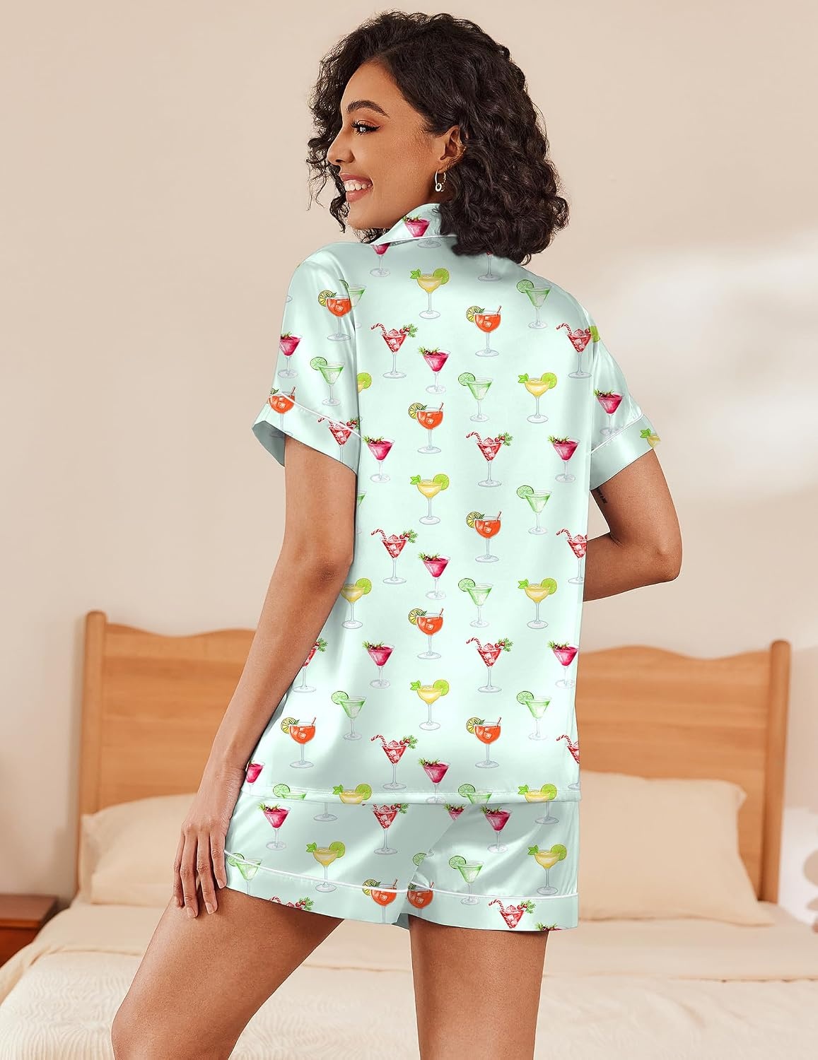 image:imageEkouaer Womens Silk Satin Pajama Set Short Sleeve Pjs Shorts Set SXXLLight Blue Wineglass