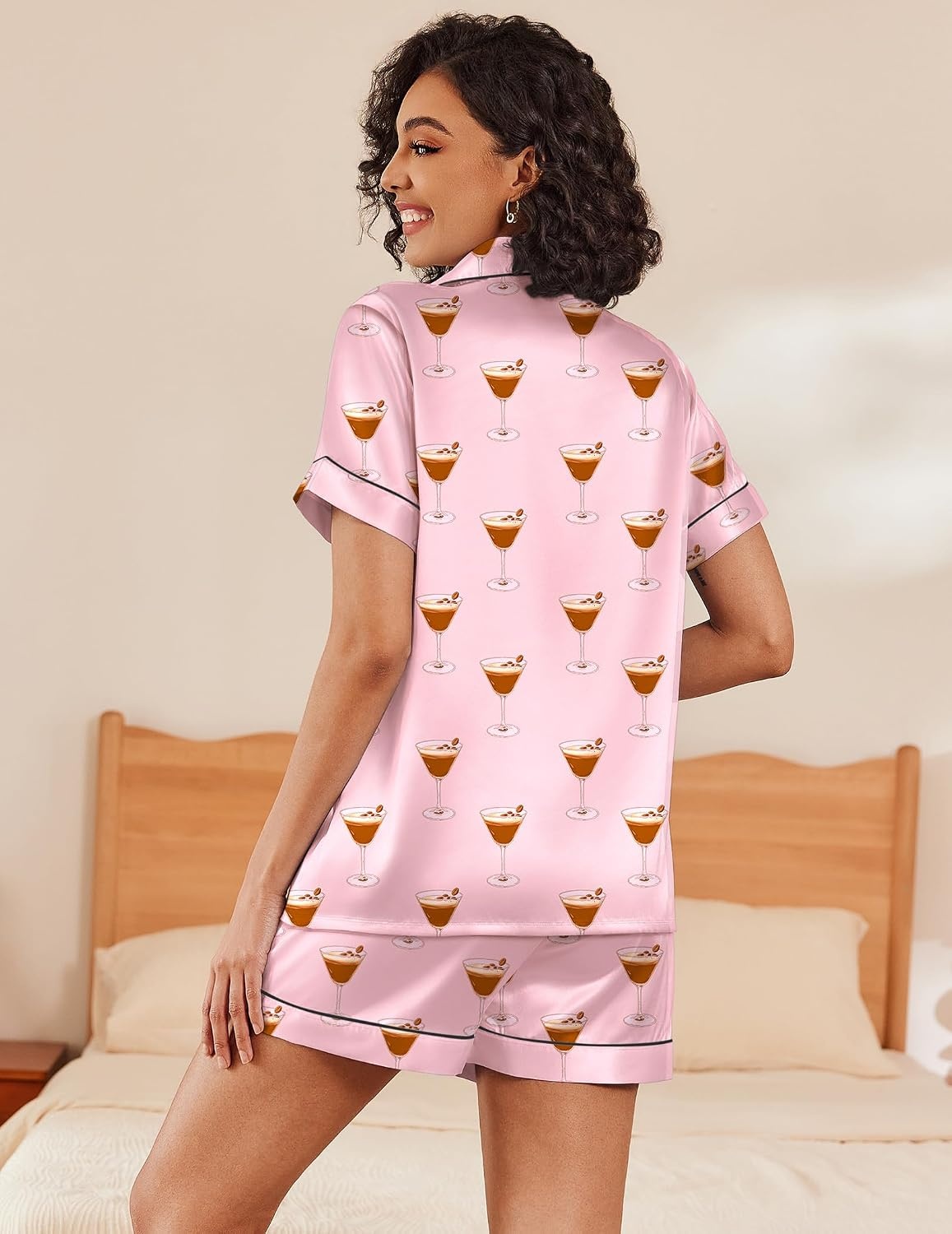 image:imageEkouaer Womens Silk Satin Pajama Set Short Sleeve Pjs Shorts Set SXXLLight Pink Wineglass