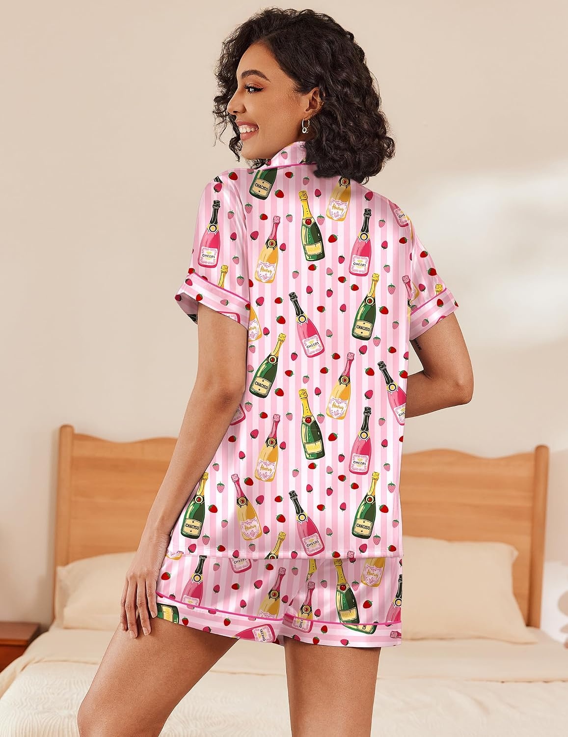 image:imageEkouaer Womens Silk Satin Pajama Set Short Sleeve Pjs Shorts Set SXXLStriped Wine Bottle