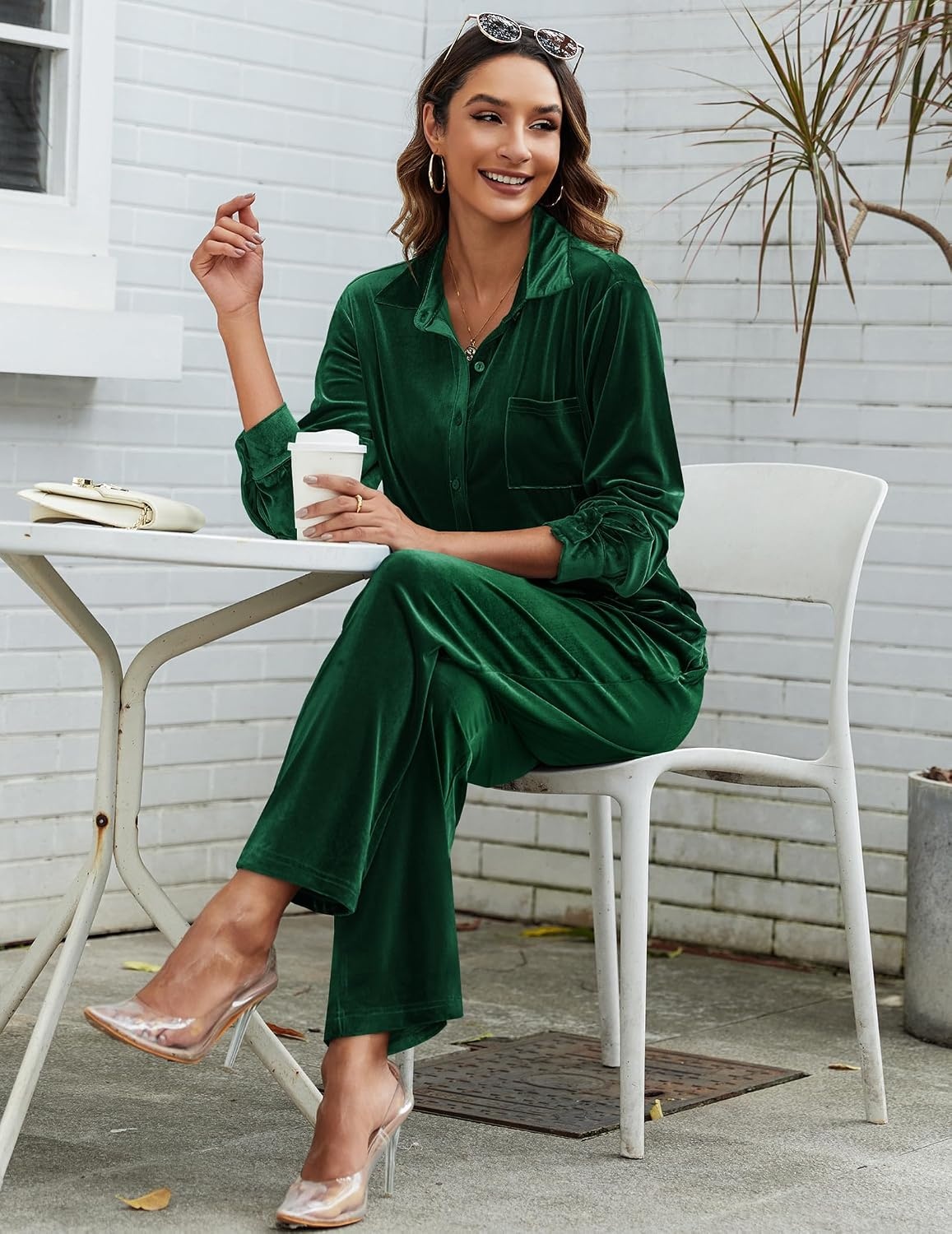 image:imageEkouaer Womens Velour Track Suits Matching Sweatsuit 2 Piece Casual OutfitsGreen