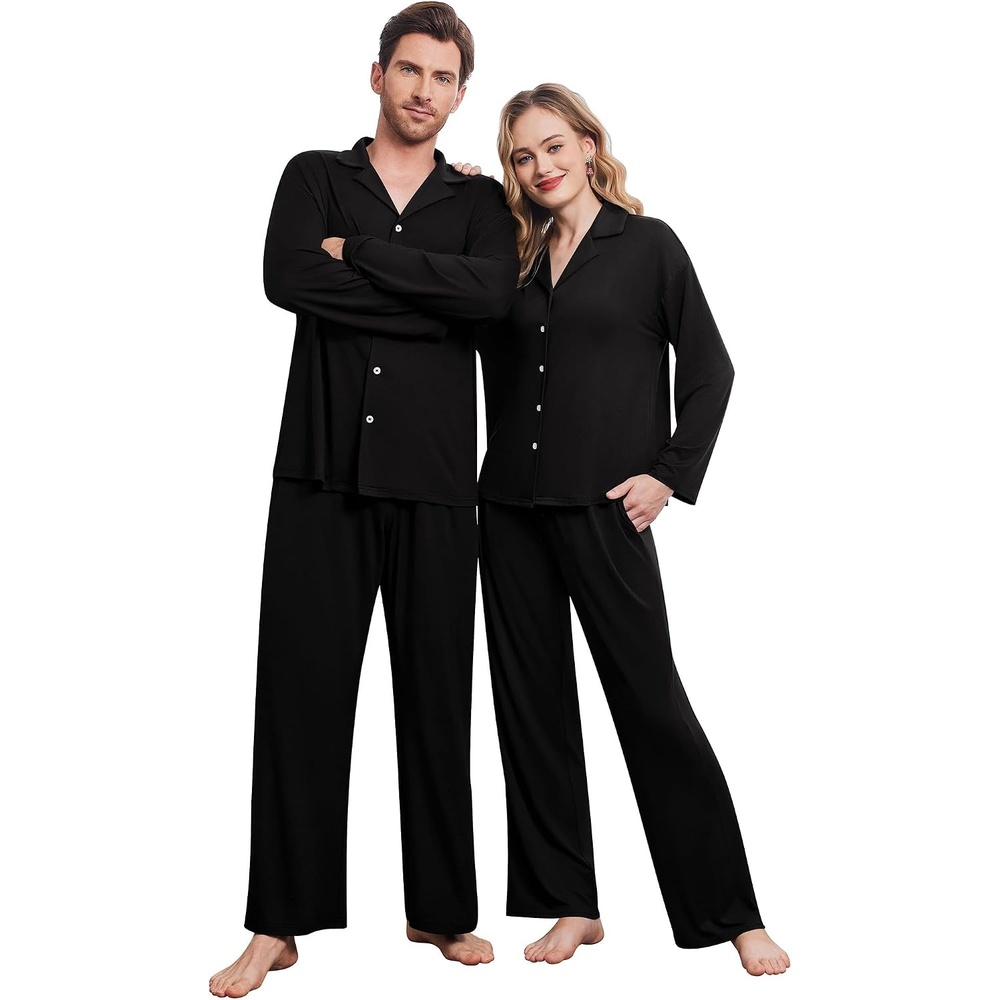 image:imageEkouaer Matching Christmas Pajamas for Couples Long Sleeve Button Up PJ SetBlack