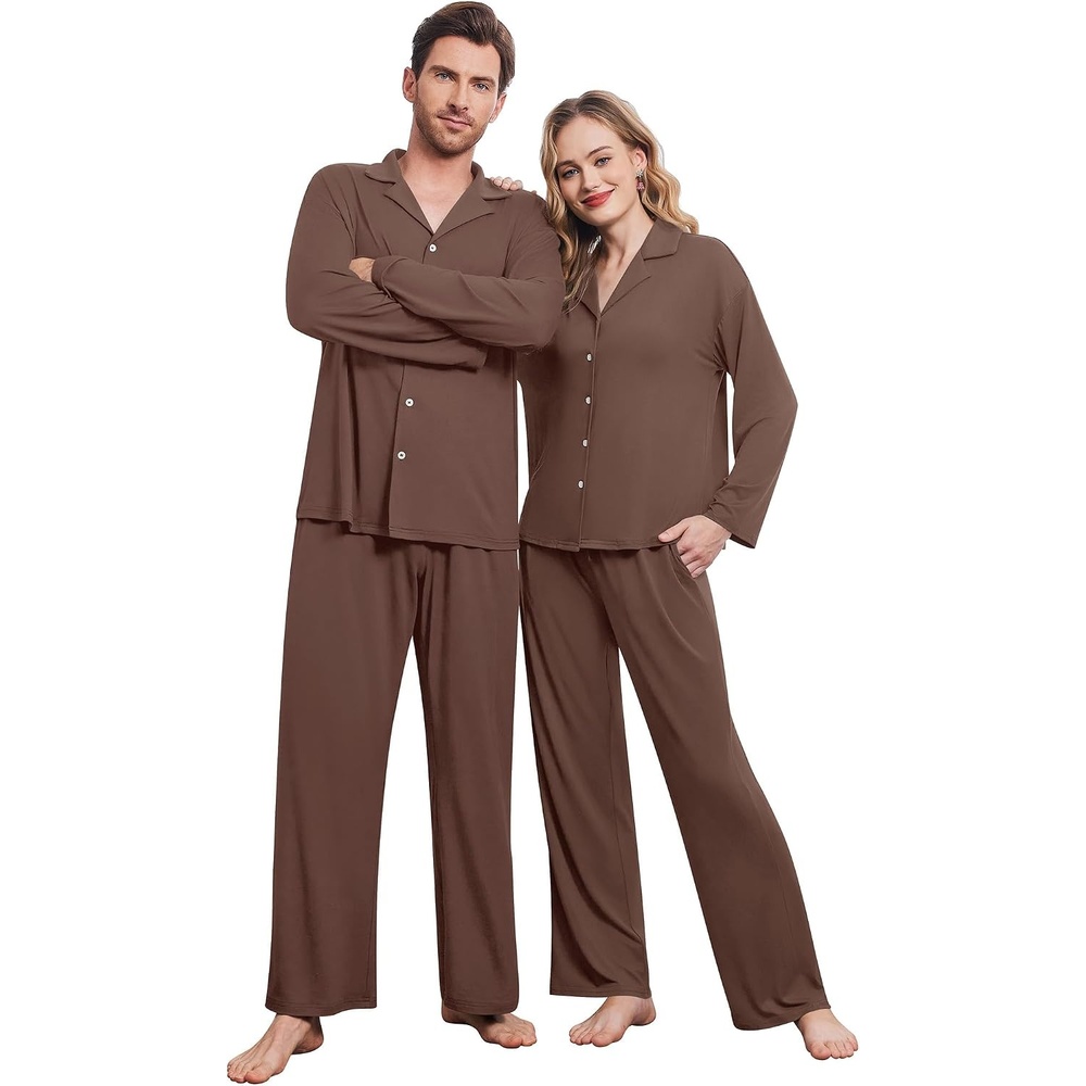image:imageEkouaer Matching Christmas Pajamas for Couples Long Sleeve Button Up PJ SetBrown