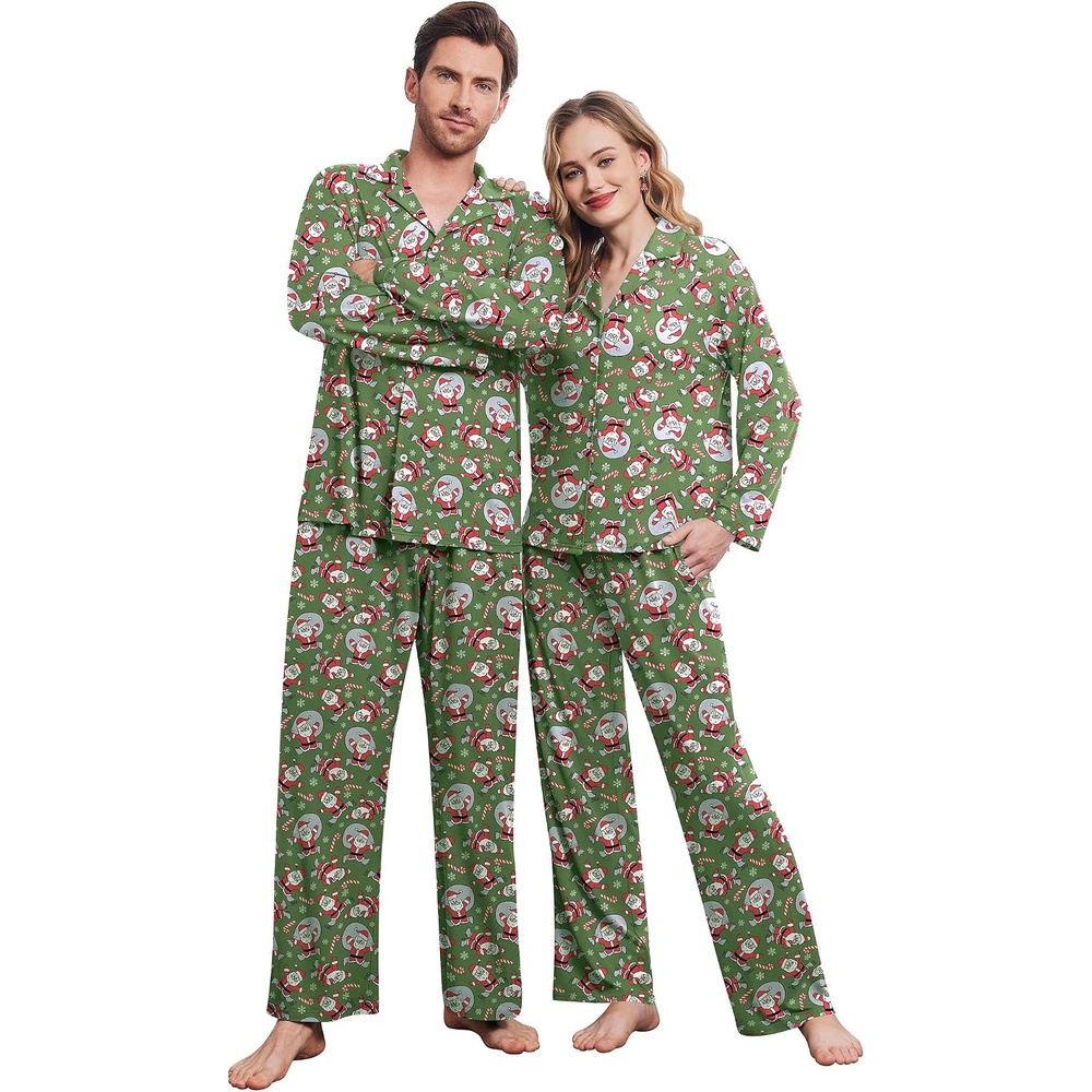 image:imageEkouaer Matching Christmas Pajamas for Couples Long Sleeve Button Up PJ SetGreen Santa