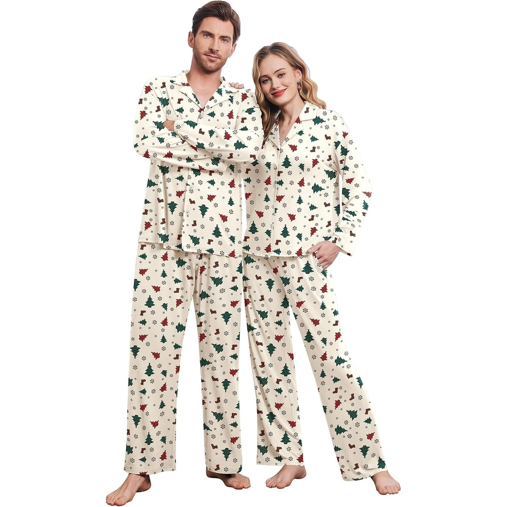 image:imageEkouaer Matching Christmas Pajamas for Couples Long Sleeve Button Up PJ SetWhite Tree