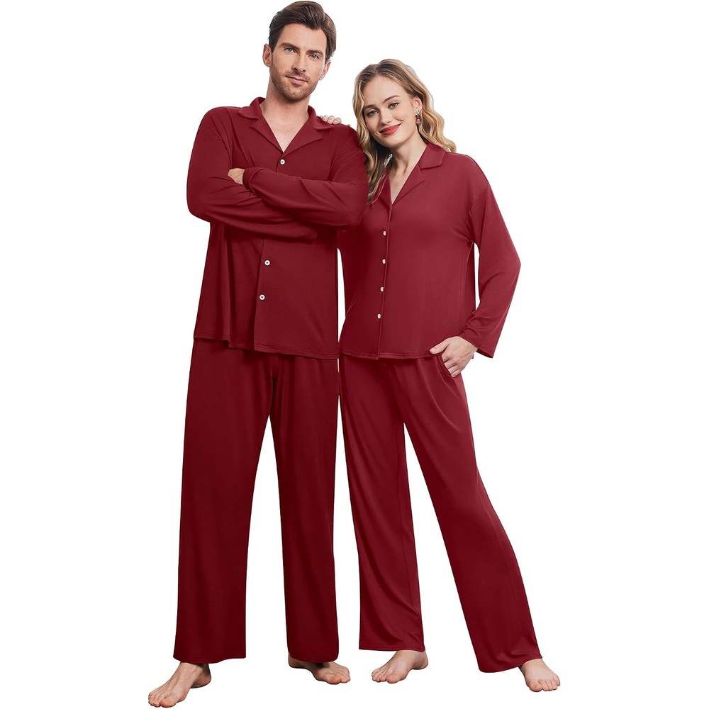 image:imageEkouaer Matching Christmas Pajamas for Couples Long Sleeve Button Up PJ SetWine Red
