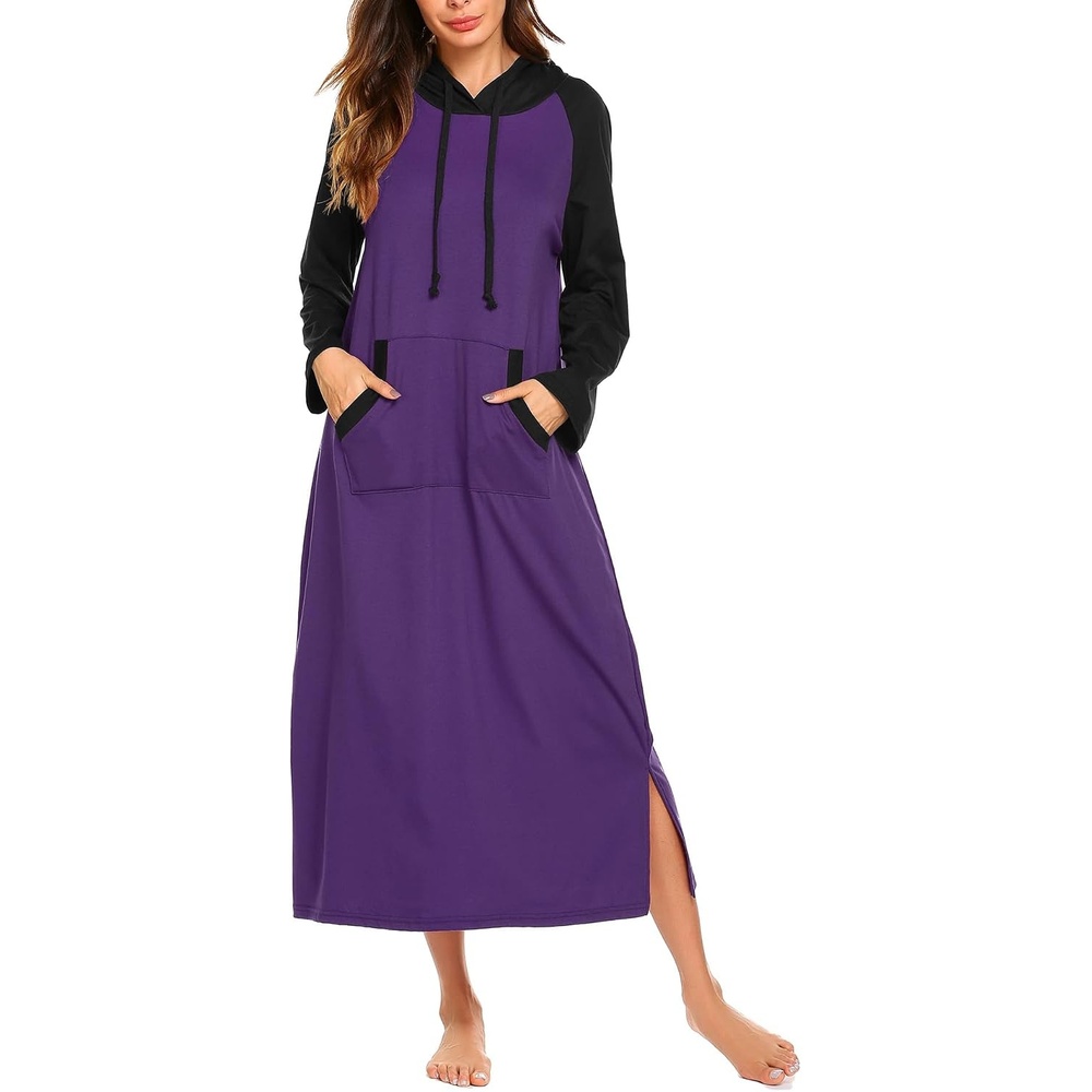 image:imageEkouaer Nightgowns for Women Cotton Nightgown Long Sleeve Hooded Night GownBlackPurple