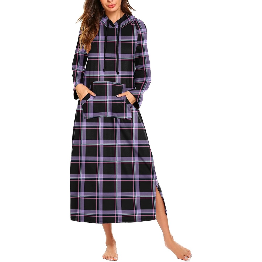 image:imageEkouaer Nightgowns for Women Cotton Nightgown Long Sleeve Hooded Night GownPurple Plaid
