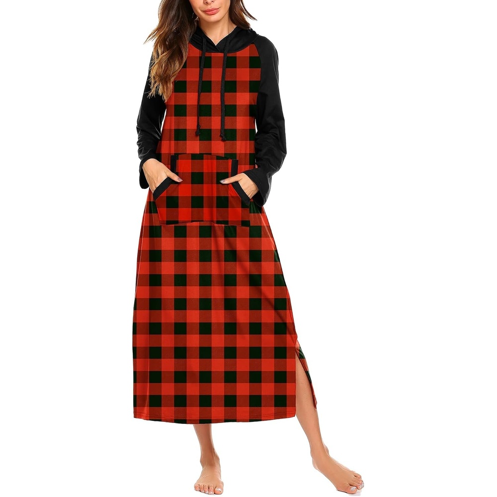 image:imageEkouaer Nightgowns for Women Cotton Nightgown Long Sleeve Hooded Night GownRed Plaid