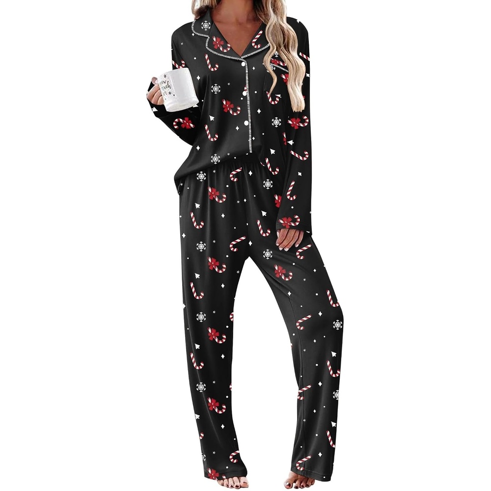 image:imageEkouaer Womens Pajama Sets 2 Piece Long Sleeve Sleepwear Soft Button Up PjsChristmas Black