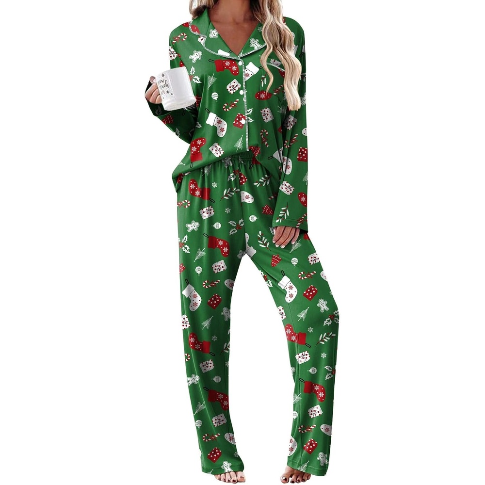 image:imageEkouaer Womens Pajama Sets 2 Piece Long Sleeve Sleepwear Soft Button Up PjsGreen Stockings