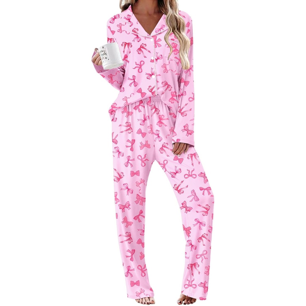 image:imageEkouaer Womens Pajama Sets 2 Piece Long Sleeve Sleepwear Soft Button Up PjsPink Bow
