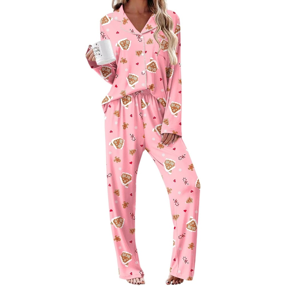 image:imageEkouaer Womens Pajama Sets 2 Piece Long Sleeve Sleepwear Soft Button Up PjsPink Candy