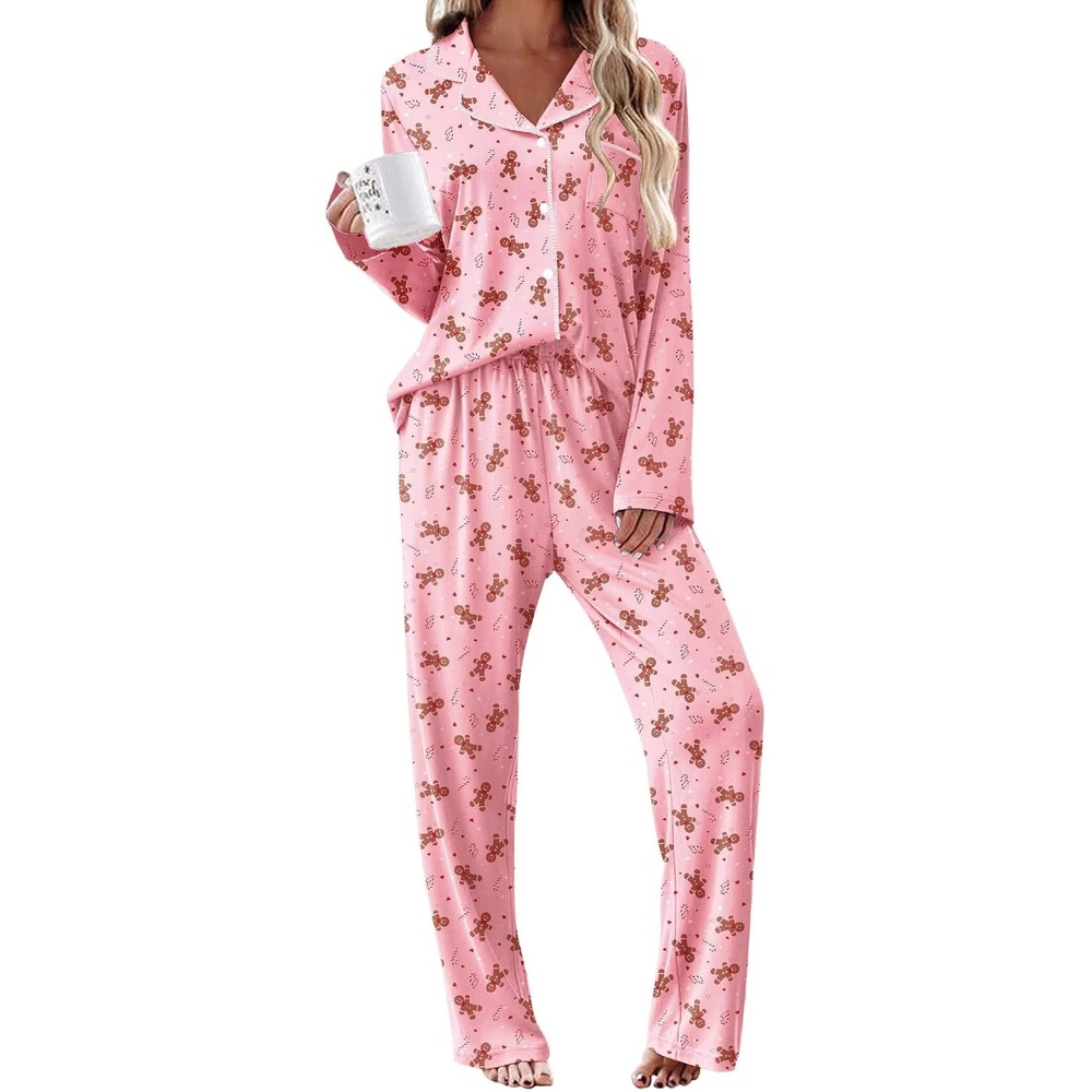 image:imageEkouaer Womens Pajama Sets 2 Piece Long Sleeve Sleepwear Soft Button Up PjsPink Gingerbread