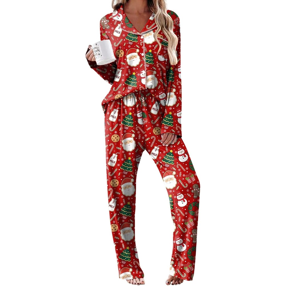 image:imageEkouaer Womens Pajama Sets 2 Piece Long Sleeve Sleepwear Soft Button Up PjsRed Santa