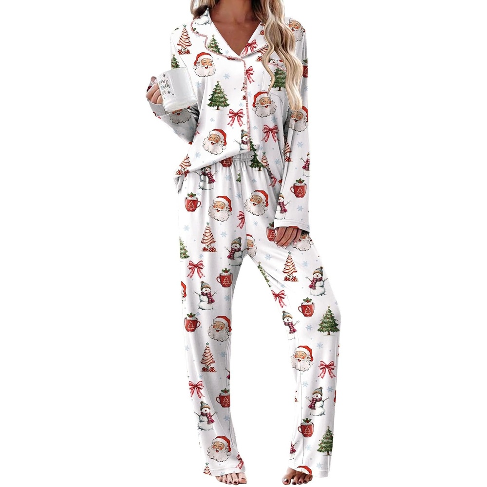 image:imageEkouaer Womens Pajama Sets 2 Piece Long Sleeve Sleepwear Soft Button Up PjsWhite Santa