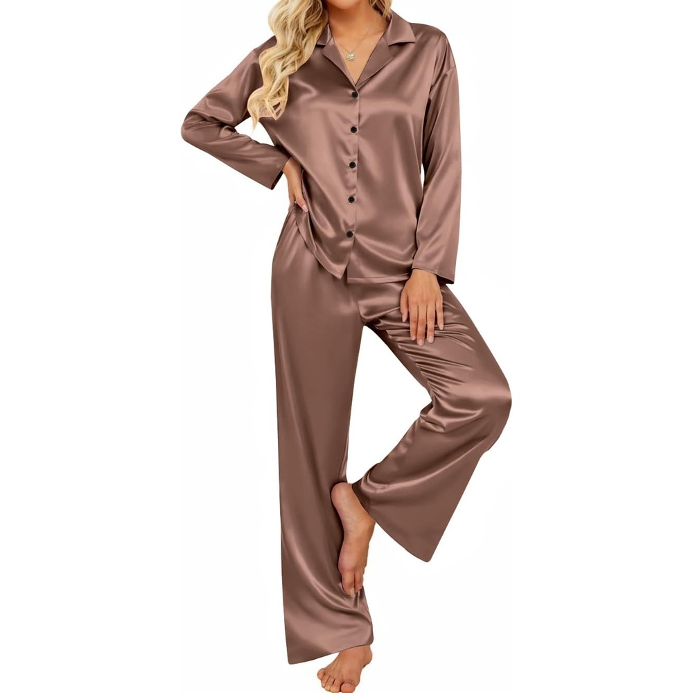 image:imageEkouaer Womens Satin Silk Pajamas Long Sleeve Button Up Pjs Lounge SetsBrown