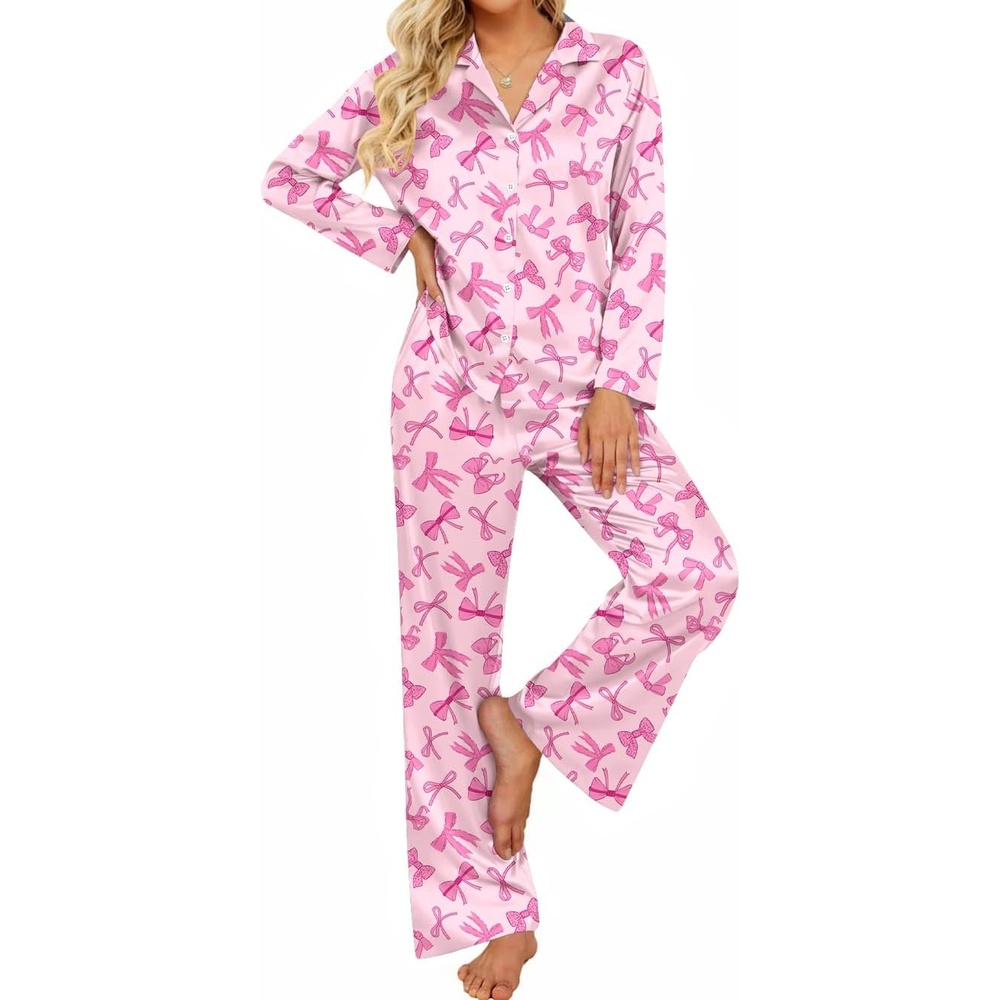image:imageEkouaer Womens Satin Silk Pajamas Long Sleeve Button Up Pjs Lounge SetsPink Bow