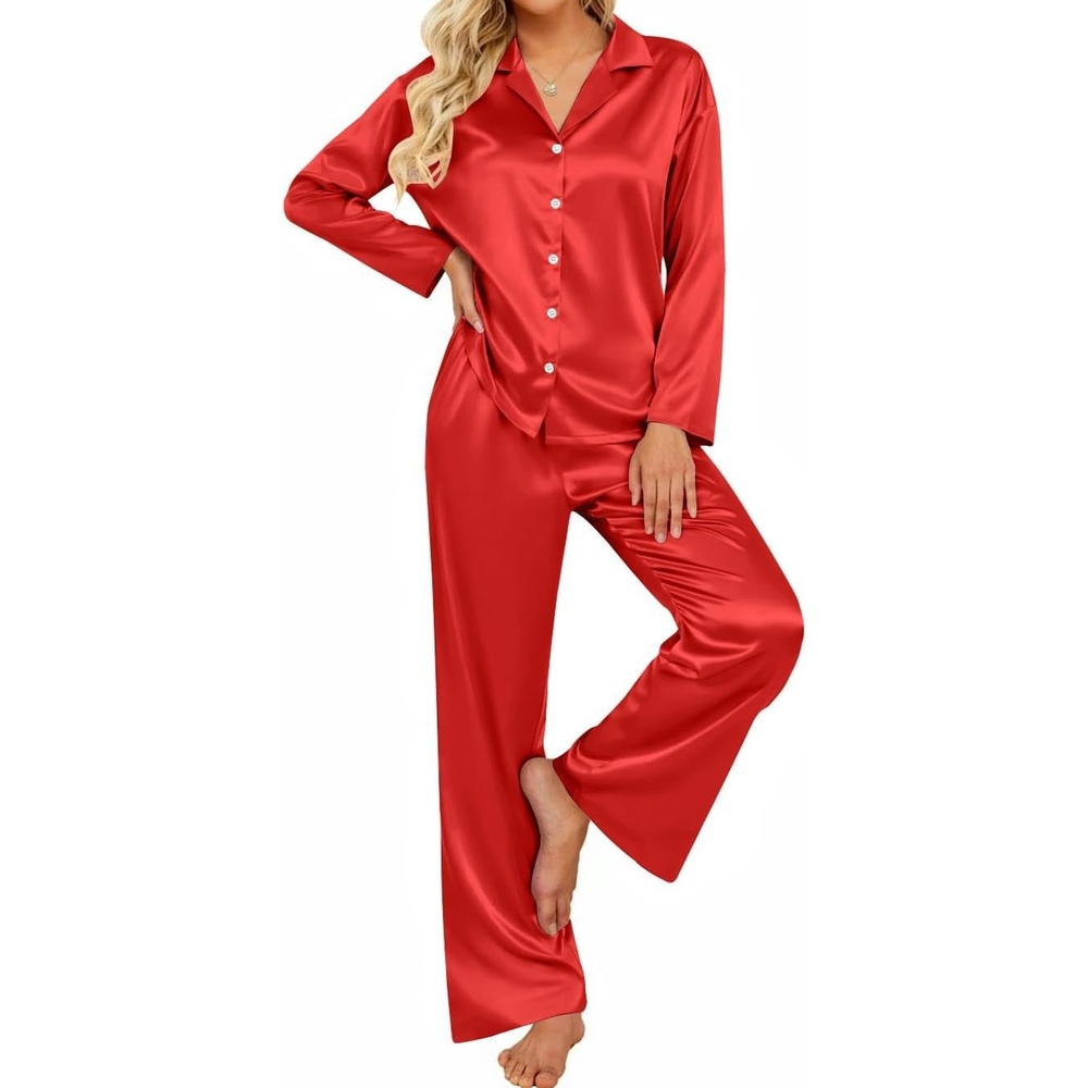 image:imageEkouaer Womens Satin Silk Pajamas Long Sleeve Button Up Pjs Lounge SetsRed