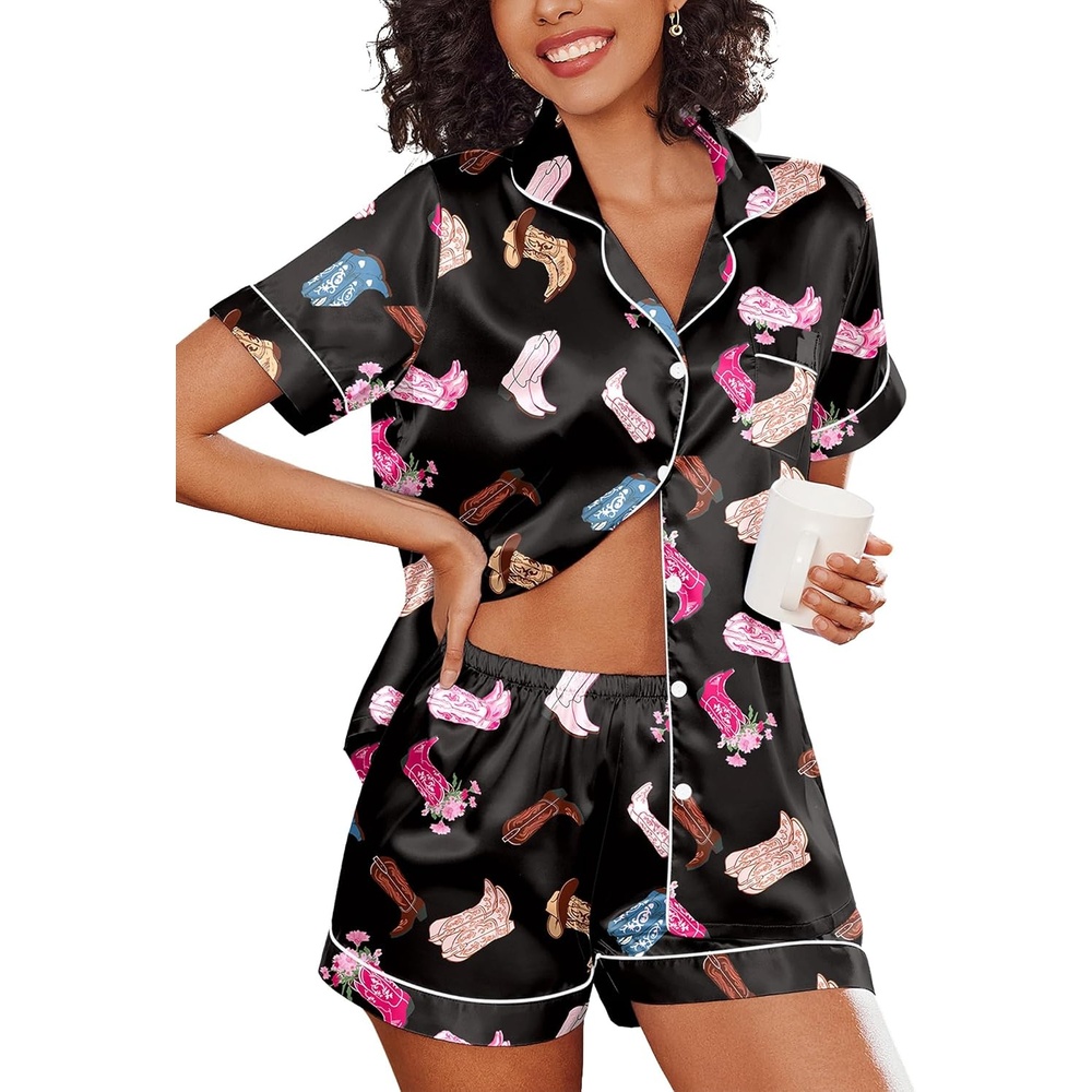image:imageEkouaer Womens Silk Satin Pajama Set Short Sleeve Pjs Shorts Set SXXLBlack Boots