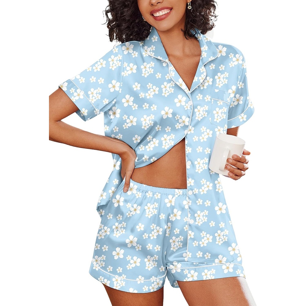 image:imageEkouaer Womens Silk Satin Pajama Set Short Sleeve Pjs Shorts Set SXXLBlue White Floral