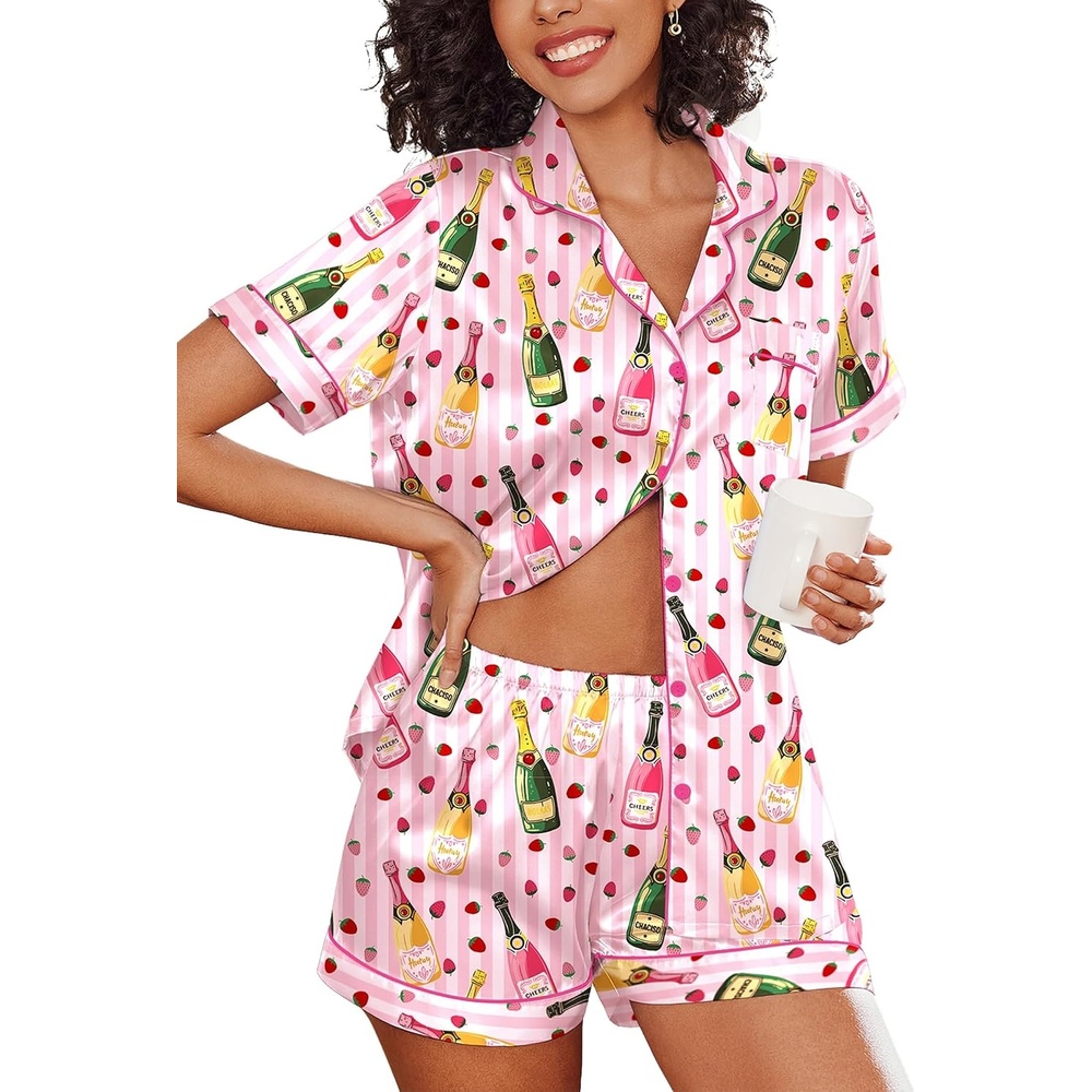 image:imageEkouaer Womens Silk Satin Pajama Set Short Sleeve Pjs Shorts Set SXXLStriped Wine Bottle
